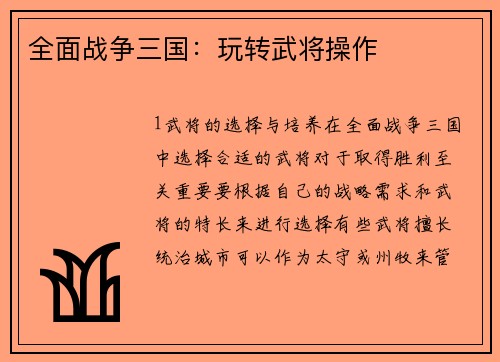 全面战争三国：玩转武将操作